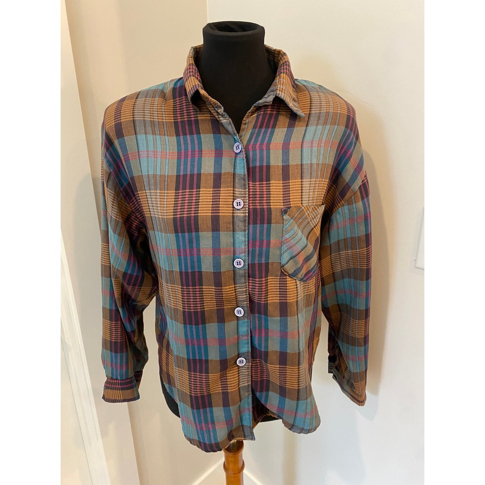Vintage California Krush Plaid Button Down Shirt Teal Brown Pink Long Sleeve